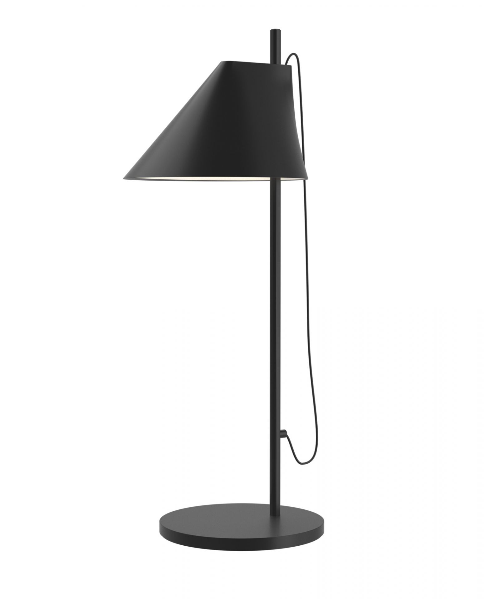 Schwarze Yuh LED Tischleuchte von Louis Poulsen mit kegelförmigem Lampenschirm und runder Basis für modernes Ambiente.